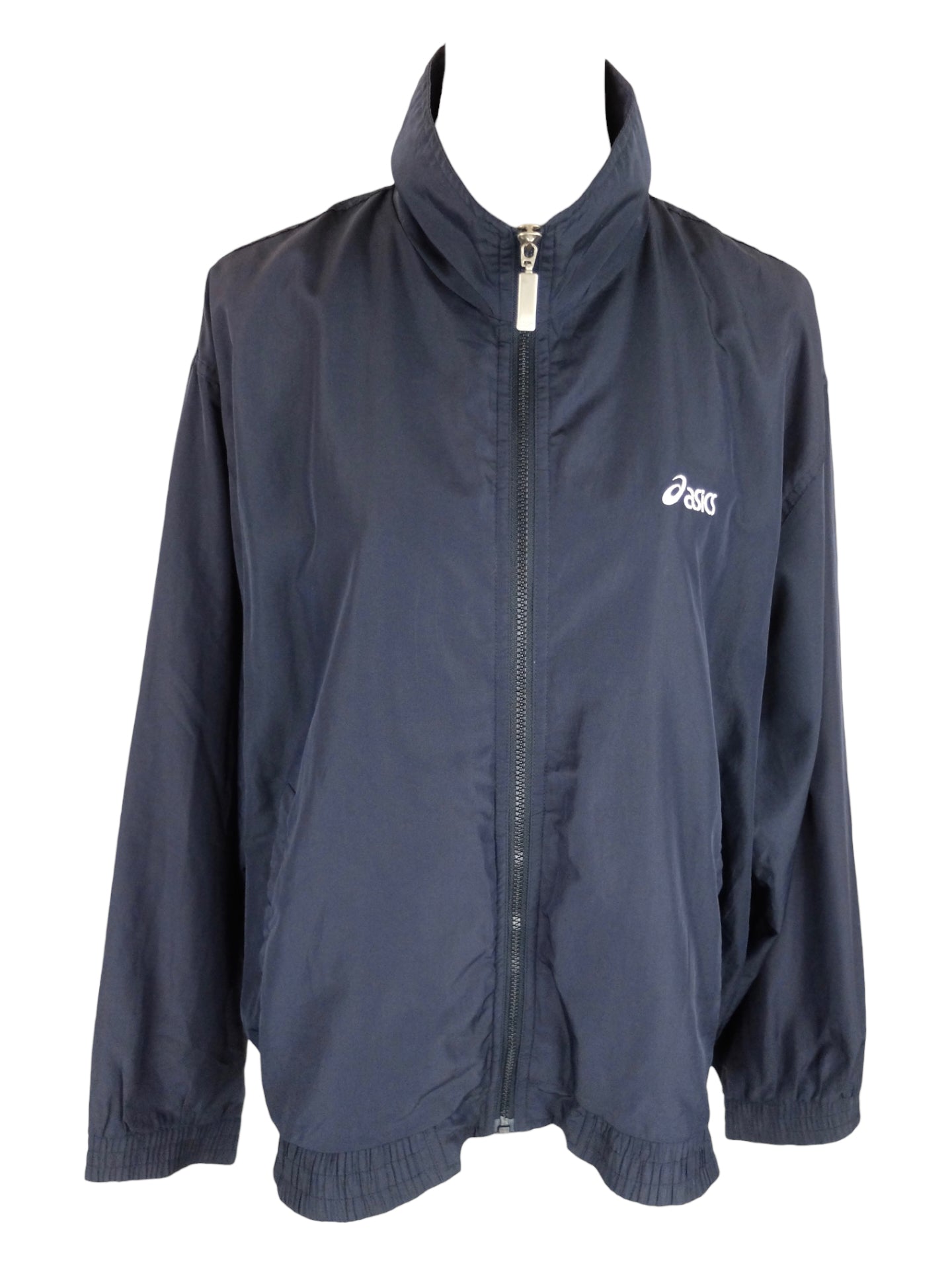 Vintage 2000s Y2K Men’s Asics Branded Streetwear Utility Gorpcore Dark Navy Blue Solid Basic Logo Roll Neck Zip Up Lightweight Windbreaker Shell Jacket