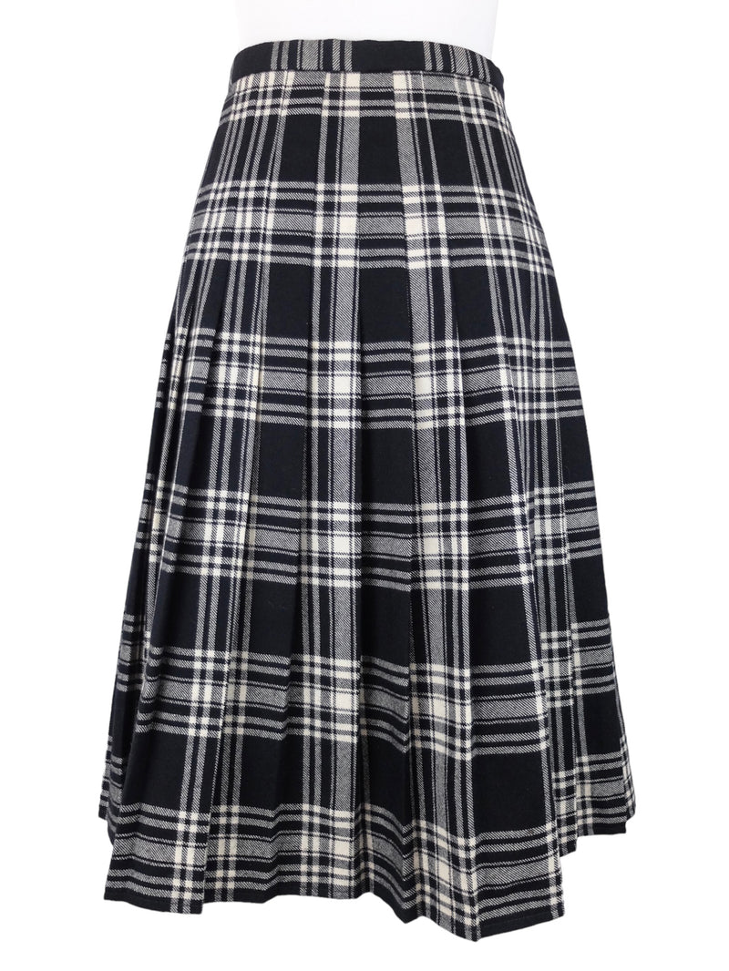 Vintage 70s Mod Schoolgirl Academia Punk Style Wool Black & White Plaid Check Print High Waisted Wool A-Line Pleated Midi Skirt | 30 Inch Waist