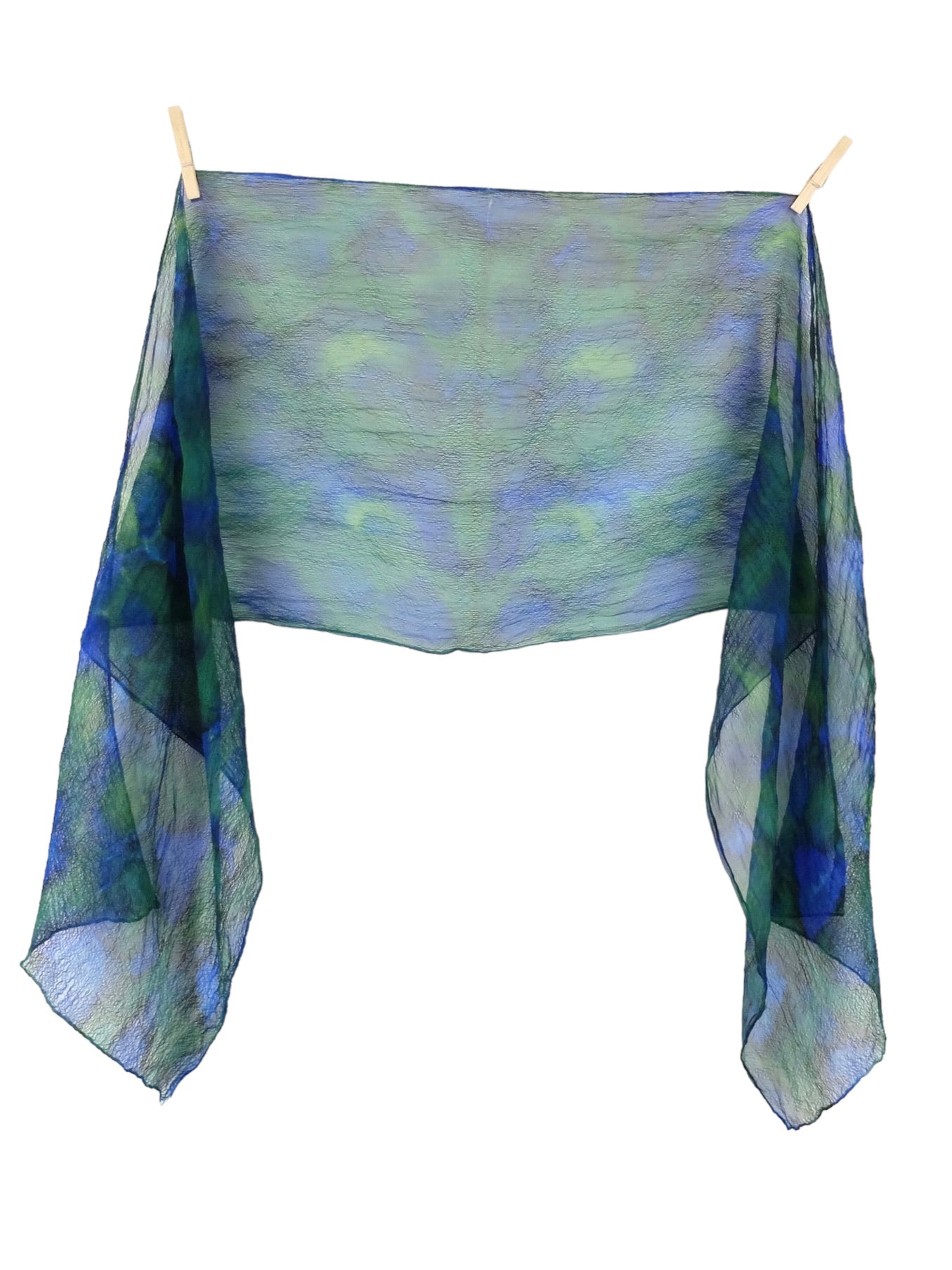 Vintage 90s Silk Hippie Bohemian Blue & Green Tie Dye Acid Wash Long Wide Shawl Wrap Neck Tie Scarf