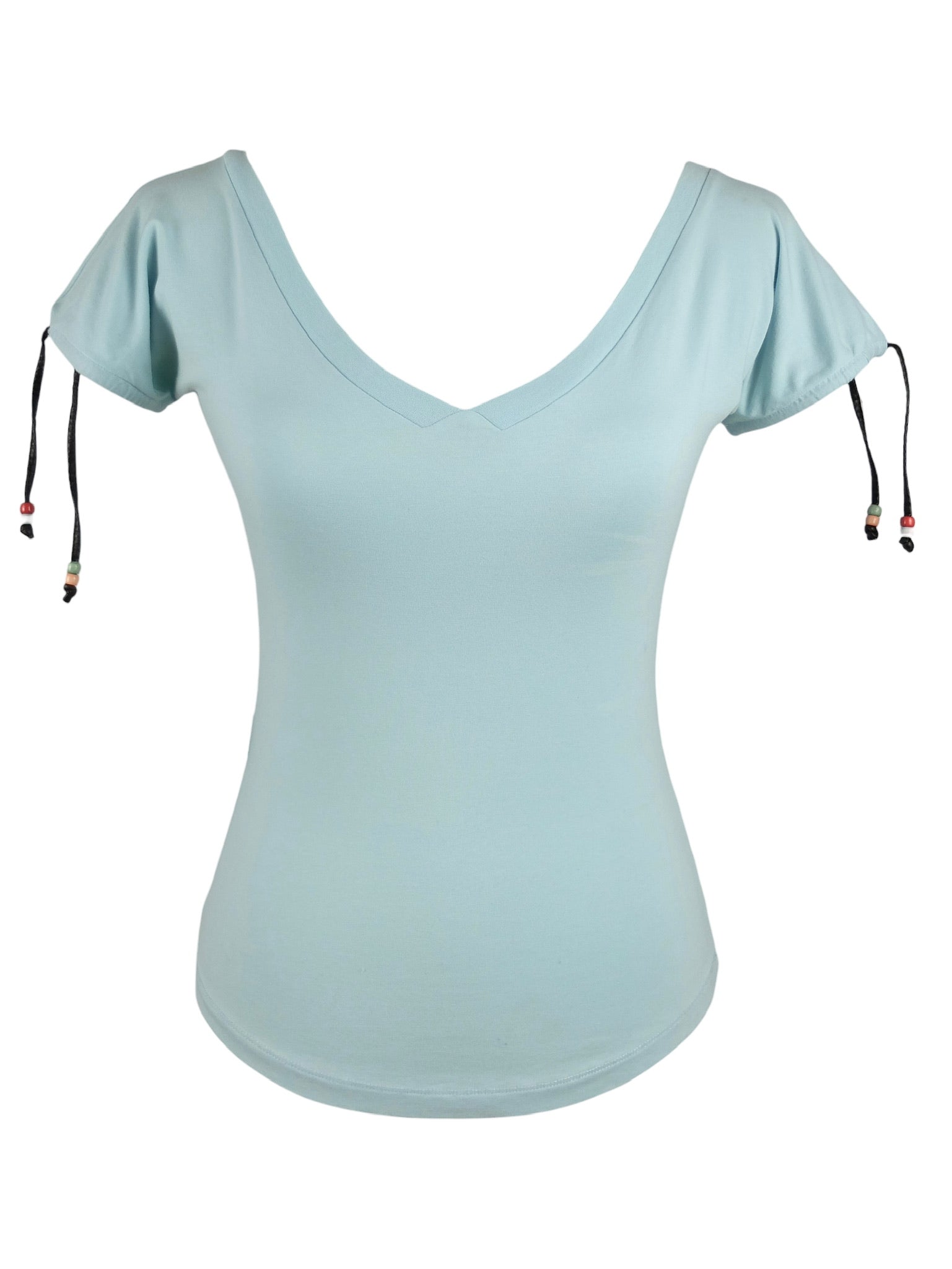 Vintage 2000s Y2K Moschino Jeans Designer Light Blue V-neck T-shirt Top with Beaded Tie Detail