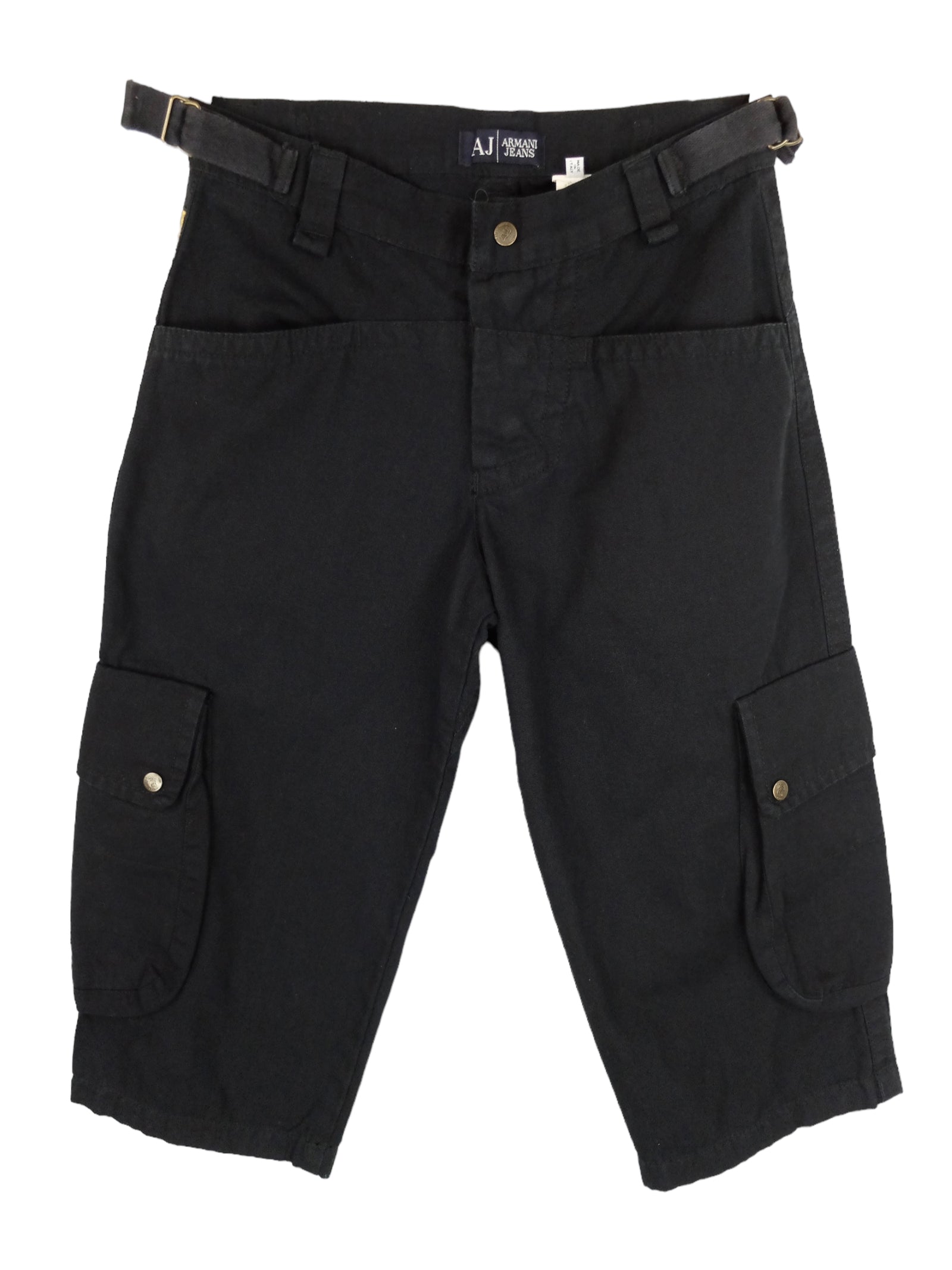 Vintage 2000s Y2K Armani Jeans Streetwear Utilitarian Solid Black Cargo Pant Style Capri Trousers with Belt Detail & Pockets | 28 Inch Waist