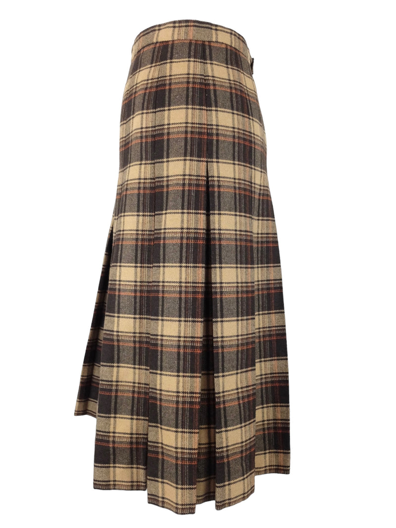 Vintage 70s Mod Schoolgirl Academia Punk Style Wool Blend High Waisted Wool Brown & Beige Plaid Check Print A-Line Midi Skirt | 30 Inch Waist