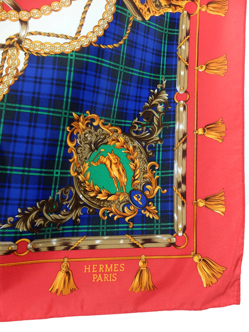 Vintage 90s Hermes Silk Equestrian Red & Blue Check Print & Tassel Patterned Large Square Bandana Neck Tie Scarf with Handrolled Hem