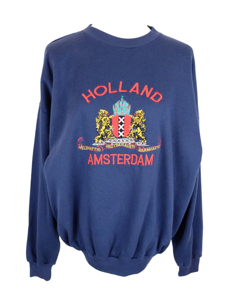 Vintage 90s Y2K Holland Amsterdam Tourist Embroidered Athletic Streetwear Preppy Dark Navy Blue Crew Neck Pullover Sweatshirt