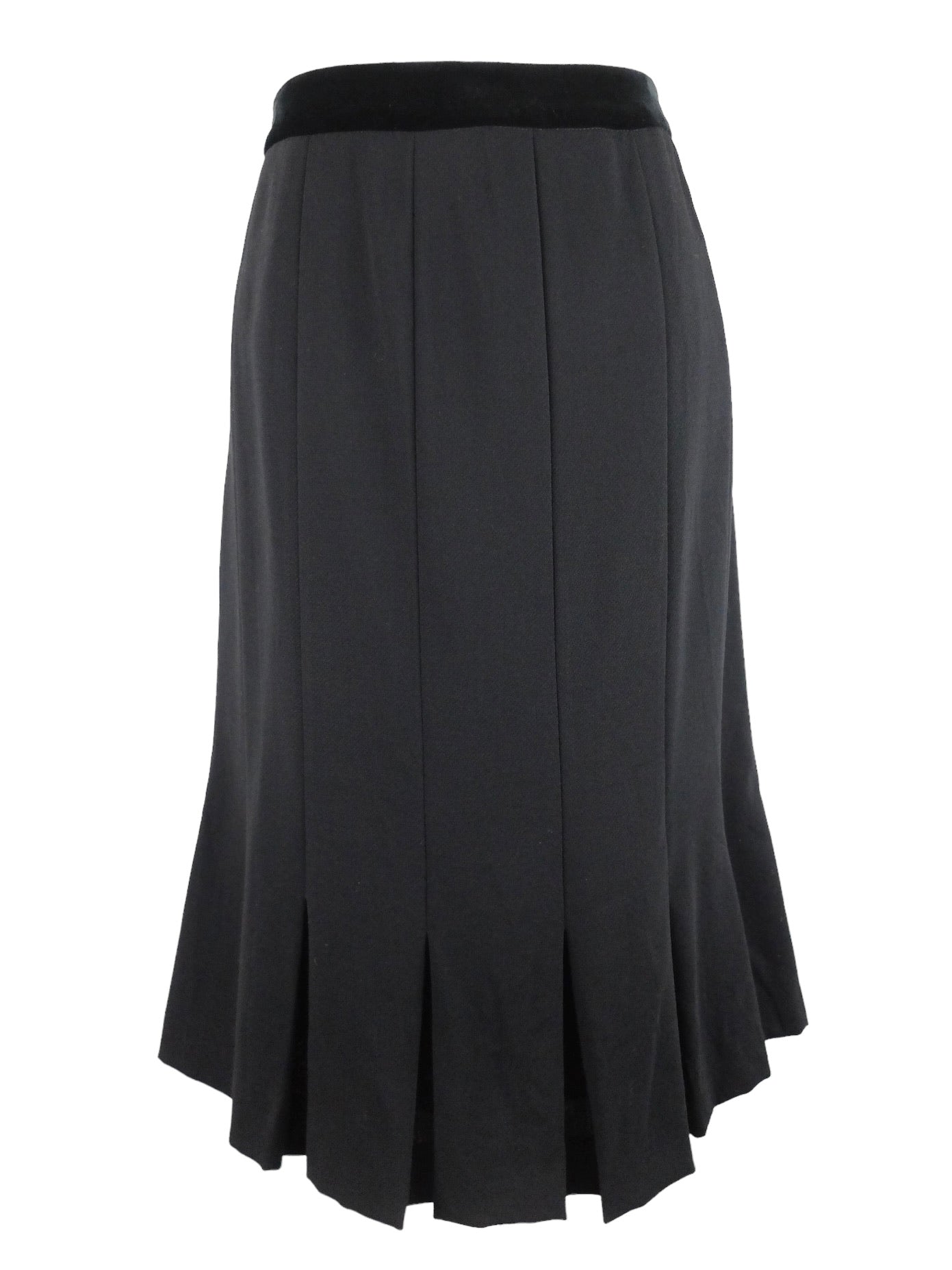 Vintage 90s 2000s Y2K Marella Wool Chic Formal Black Mid-Rise Pleated Midi Skirt with Velvet Trim
