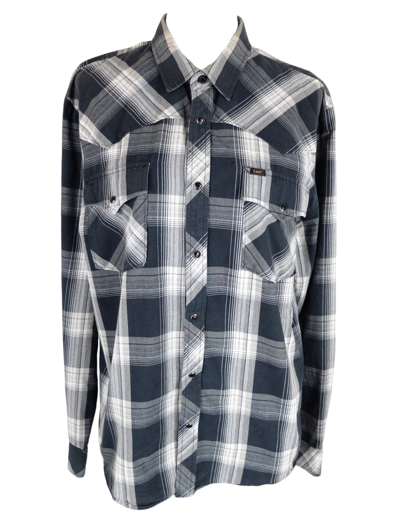 Vintage 2000s Lee Men’s Branded Gorpcore Outerwear Grey & White Plaid Check Print Collared Long Sleeve Button Up Shirt