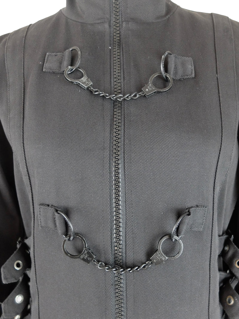 Vintage 2000s Y2K Goth Punk Grunge Utility Black Jacket with Handcuff Chain & Lace Up Detail