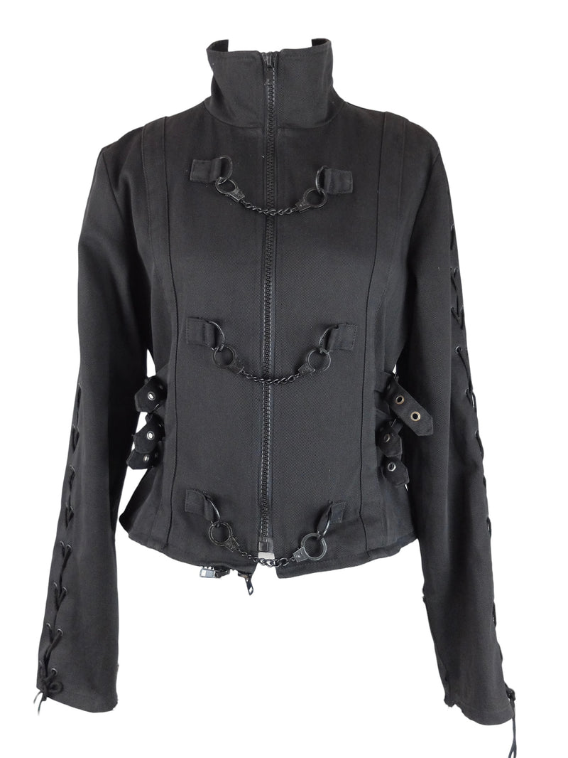 Vintage 2000s Y2K Goth Punk Grunge Utility Black Jacket with Handcuff Chain & Lace Up Detail