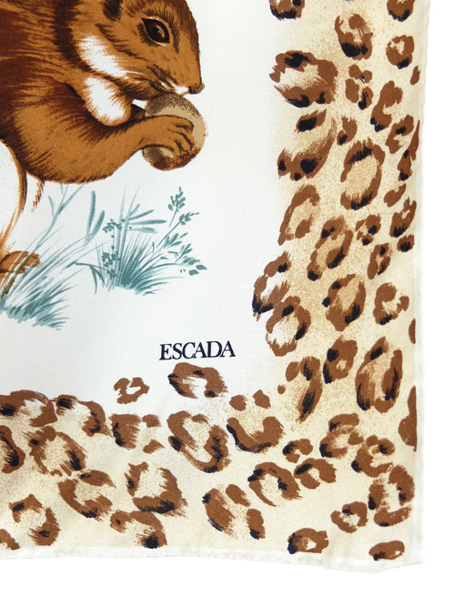 Vintage 90s Escada Designer Squirrel & Leopard Animal Print Small Square Bandana Neck Tie Scarf with Handrolled Hem
