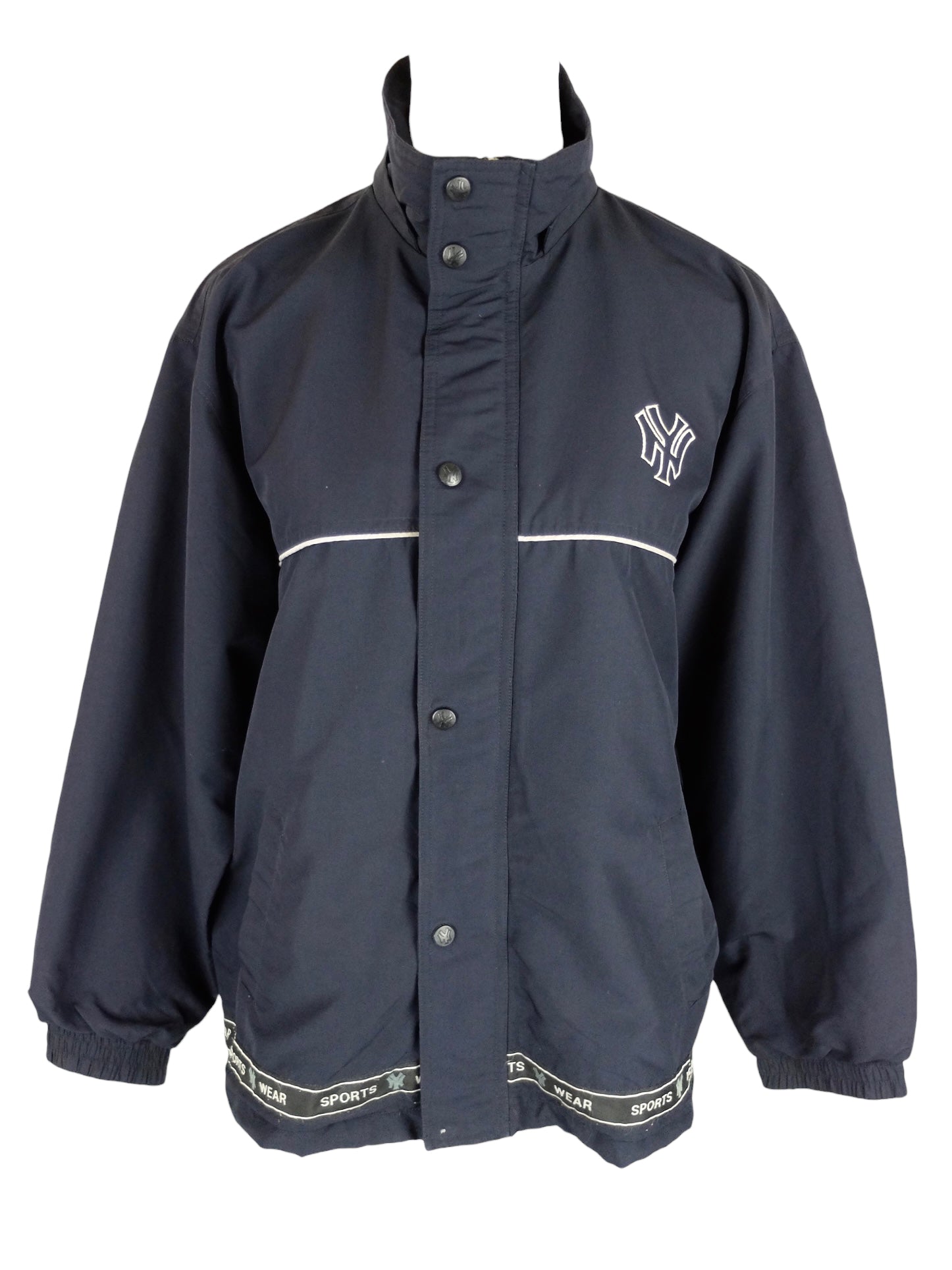 Vintage 90s Men’s New York Yankees Streetwear Athletic Sports Utility Dark Navy Blue Nylon Zip Up & Snap Button Down Windbreaker Shell Jacket | Men’s Size M