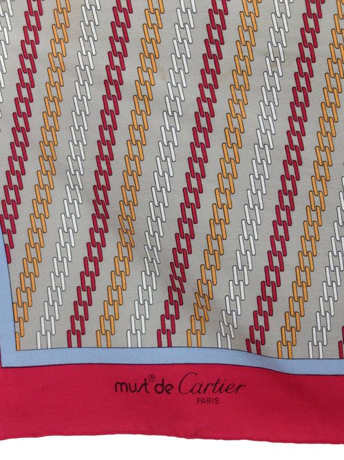 Vintage 90s Must de Cartier Silk Avant-Garde Red & Orange Abstract Chain Print Large Square Bandana Neck Tie Scarf