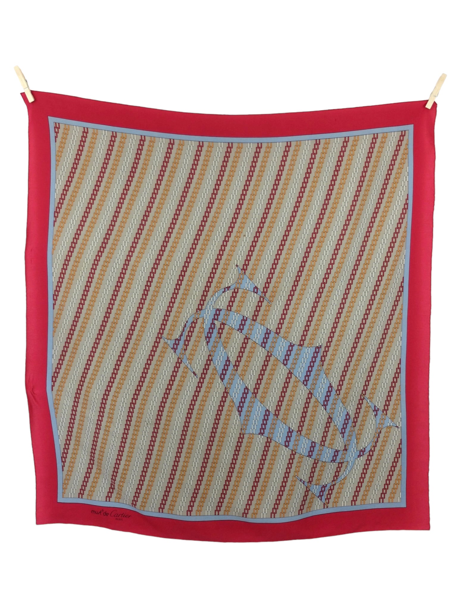 Vintage 90s Must de Cartier Silk Avant-Garde Red & Orange Abstract Chain Print Large Square Bandana Neck Tie Scarf