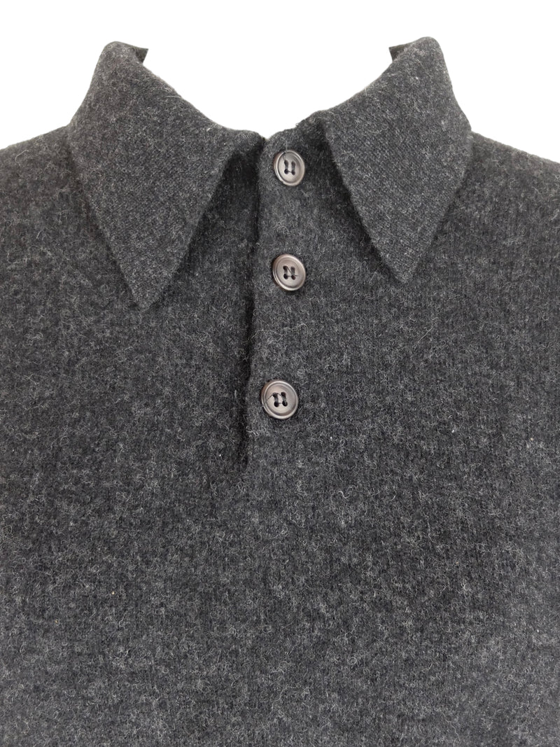 Vintage 2000s Y2K Men’s Lambswool Preppy Mod Bohemian Dark Grey Knit Collared Pullover 1/4 Button Down Polo Style Sweater Jumper