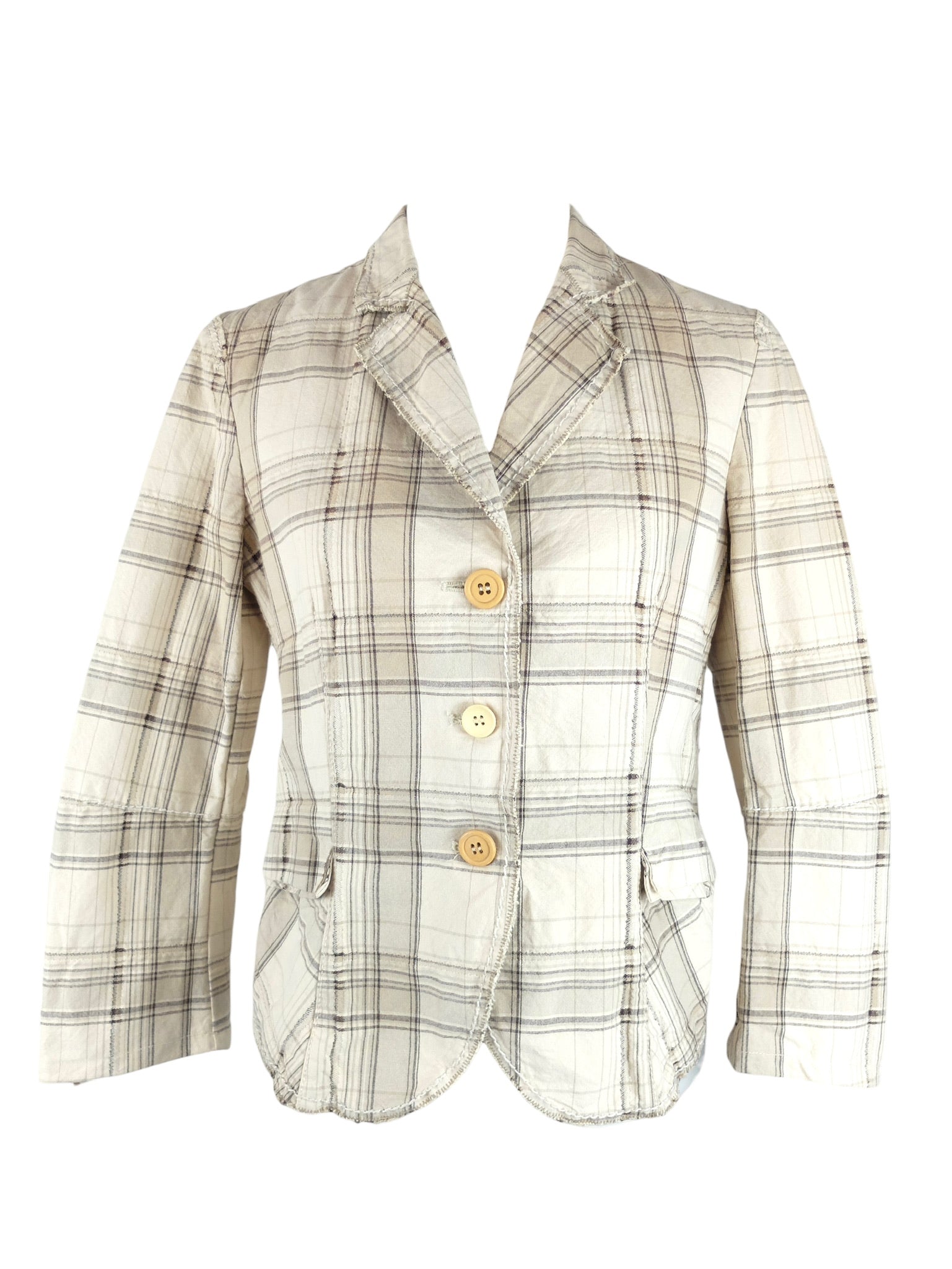 Vintage 2000s Y2K Marithé + François Girbaud Designer Cream Beige & Brown Check Print Plaid Collared Button Down Blazer Jacket