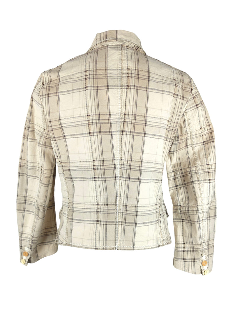 Vintage 2000s Y2K Marithé + François Girbaud Designer Cream Beige & Brown Check Print Plaid Collared Button Down Blazer Jacket