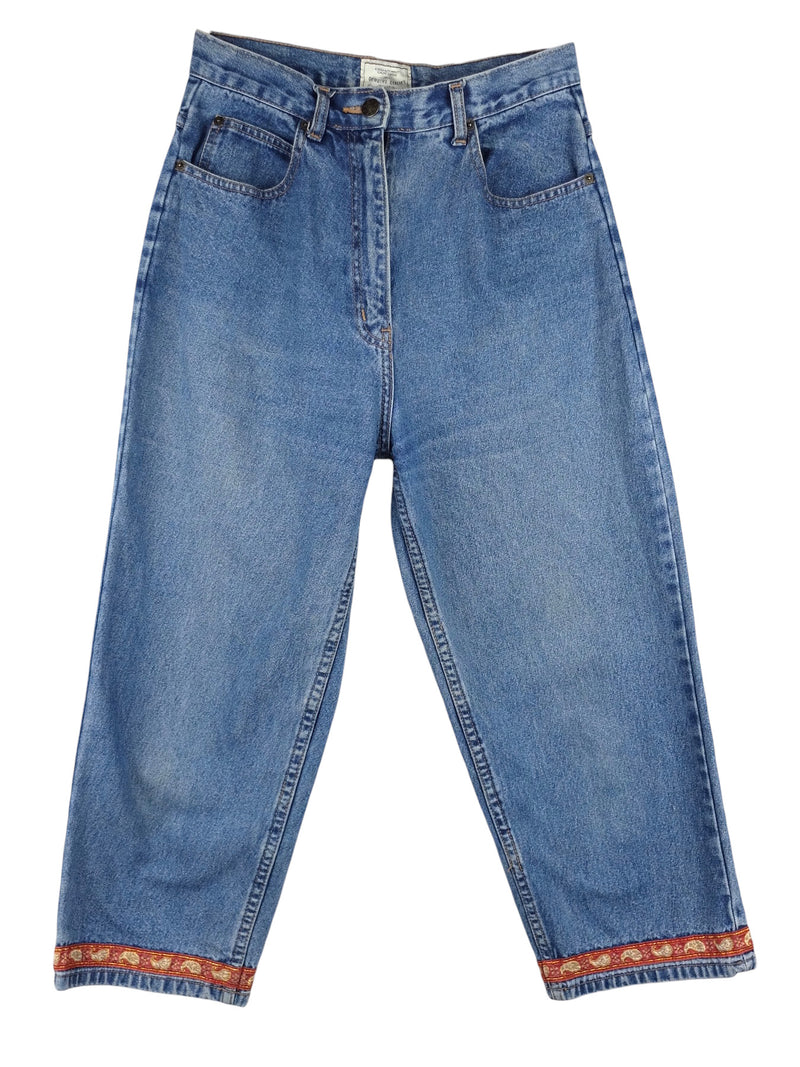 Vintage 90s Y2K Bohemian Festival Medium Wash High Waisted Blue Denim Straight Leg 3/4 Length Capri Jeans with Orange Paisley Ribbon Trim