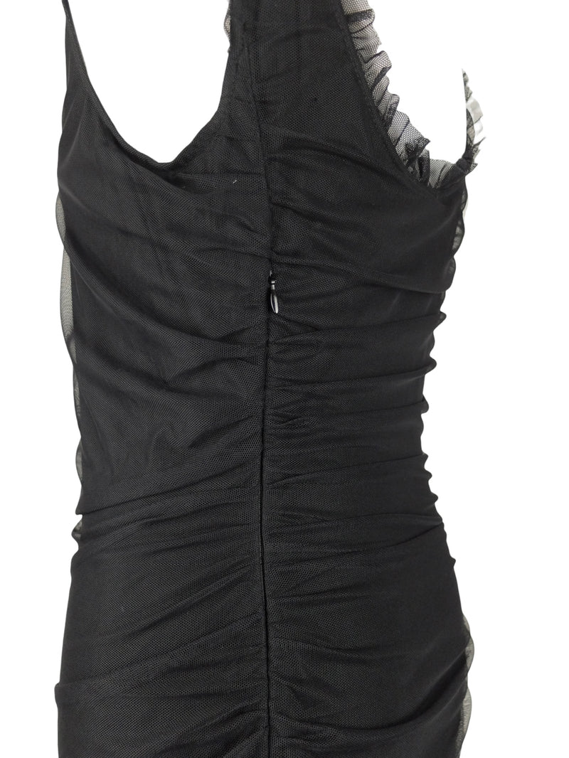 Vintage 2000s Y2K Chic Formal Black Fitted Draped Chiffon Mesh Sleeveless Tank Pencil Midi Dress