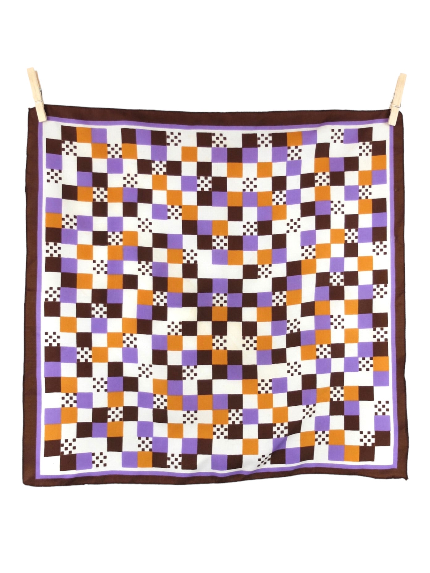 Vintage 90s Mod Psychedelic Geometric Checkered Print Purple & Mustard Yellow Square Bandana Neck Tie Scarf
