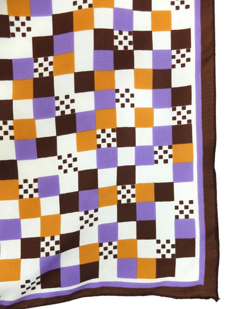 Vintage 90s Mod Psychedelic Geometric Checkered Print Purple & Mustard Yellow Square Bandana Neck Tie Scarf