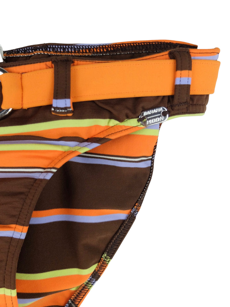 Vintage 2000s Y2K Bohemian Hippie Brown & Orange Striped Belted Swimsuit Bikini Bottoms