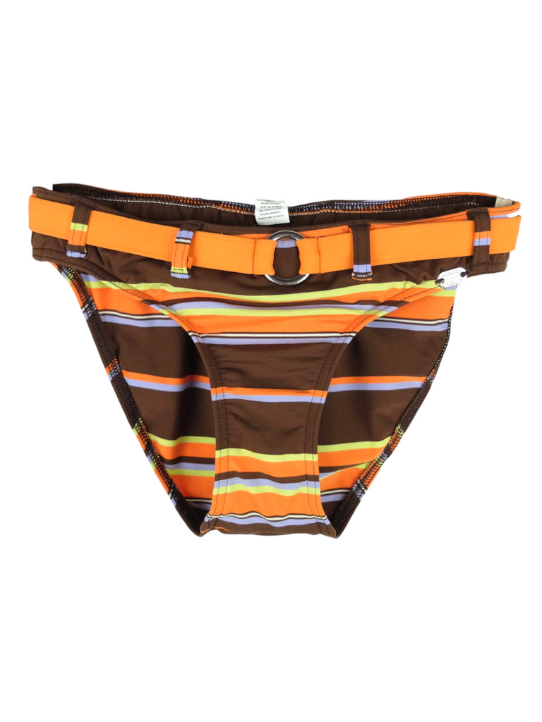 Vintage 2000s Y2K Bohemian Hippie Brown & Orange Striped Belted Swimsuit Bikini Bottoms