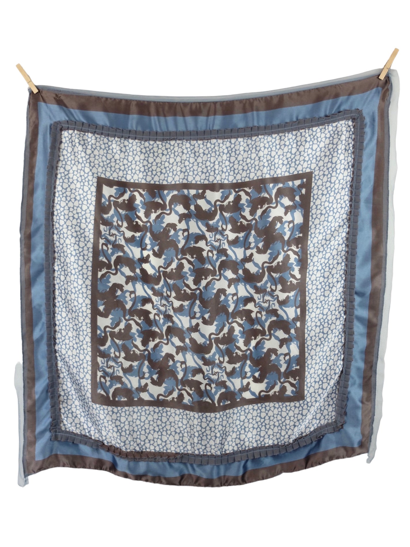 Vintage 2000s Y2K Bohemian Silky Abstract Patterned Brown & Blue Square Bandana Neck Tie Scarf with Ruffle Detail