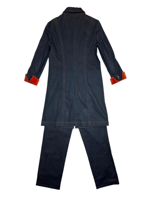Vintage 2000s Dark Blue Denim Trench Coat & Mid-Rise Jeans Two Piece Set with Orange Velvet Trim | Size M