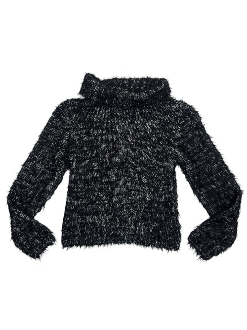 Vintage 2000s Wool Blend Black & White Marled Eyelash Knit Turtleneck Cropped Fuzzy Sweater | Size S