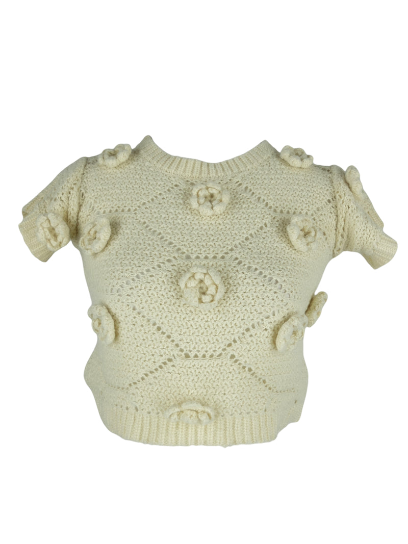Vintage 2000s Y2K Mod Preppy Cream Crochet Knit Sweater Blouse with Floral Rose Detail