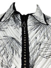 Vintage 2000s Y2K White & Black Collared Pleated Abstract Floral Zip Up Long Sleeve Blouse with Rhinestone Detail | Size M-L