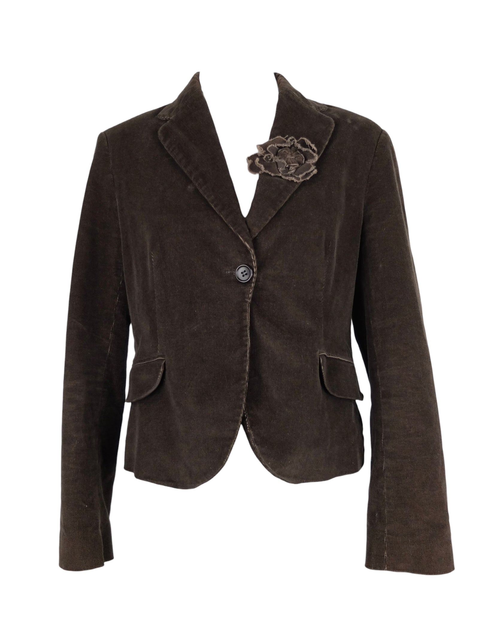 Vintage 2000s Y2K Boho Chic Dark Brown Velour Corduroy Collared Blazer Jacket with Rose Corsage Detail