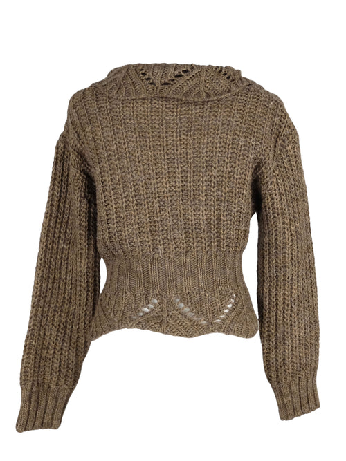 Vintage 2000s Y2K Boho Chic Prairie Cottage Brown Tan Knit Pullover Knit Sweater Jumper with Waist Tie Detail