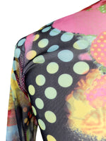 Vintage 2000s Y2K Psychedelic Bright Abstract Polka Dot Patterned Long Sleeve Mesh Top