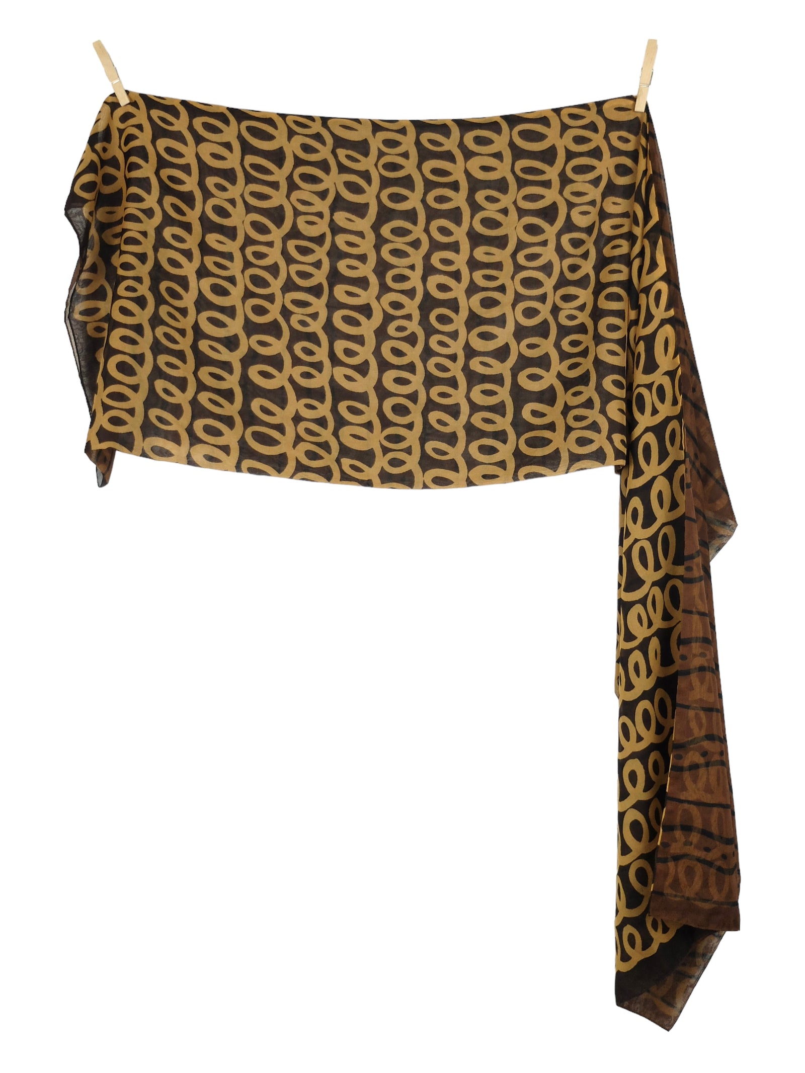 Vintage 90s Bohemian Avant-Garde Abstract Gold & Brown Patterned Long Wide Neck Tie Scarf
