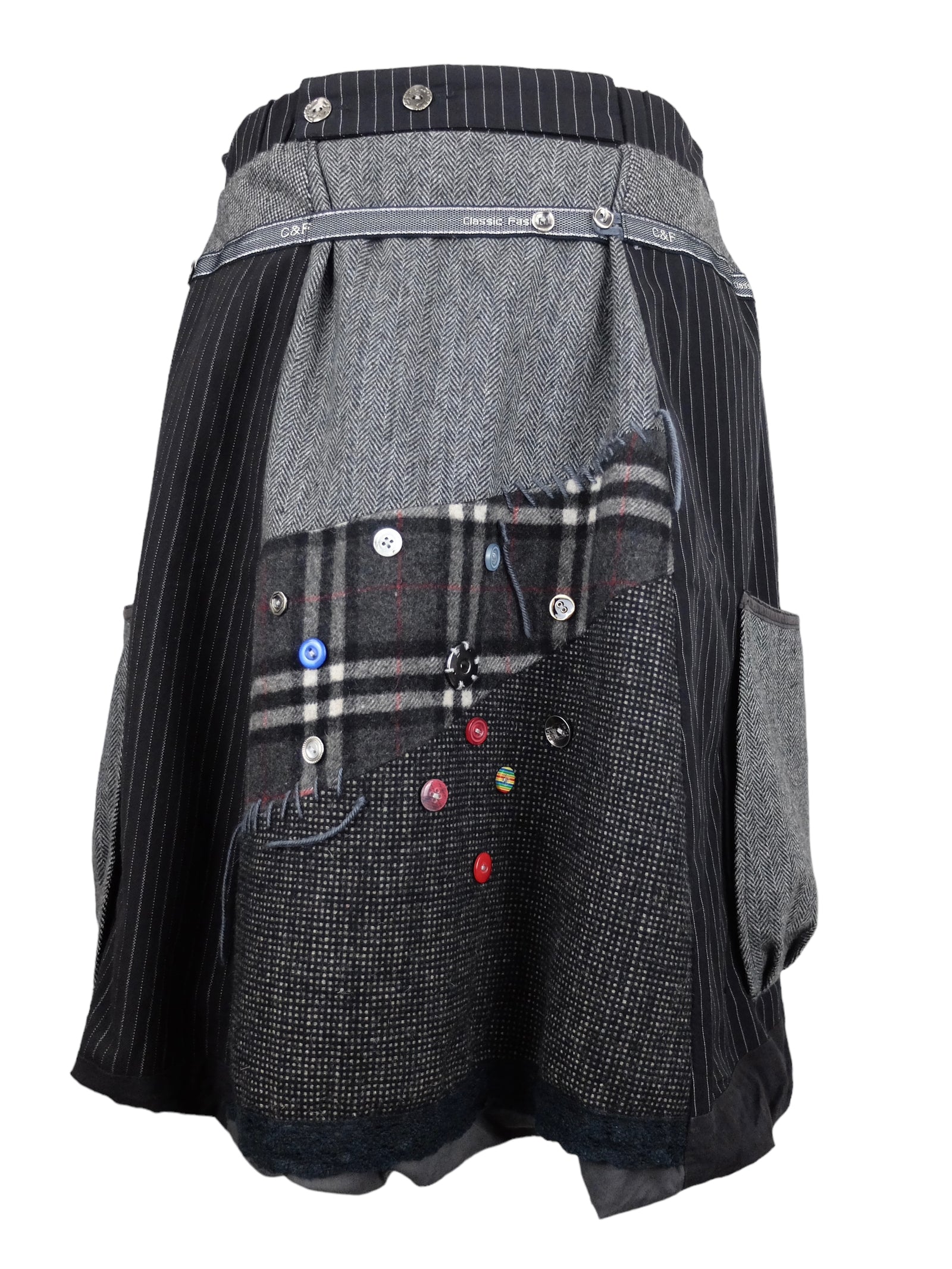 Vintage 2000s Y2K Gothic Grunge Cyber Subversive Patchwork Grey & Black Below-the-Knee Midi Skirt | 30-33 Inch Waist