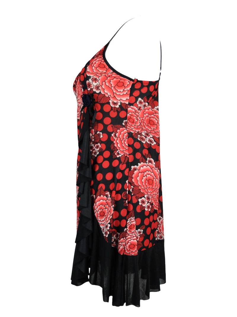 Vintage 2000s Y2K Red & Black Floral Polka Dot Sleeveless Sweetheart Ruffled Tank Mini Dress | Size XXS-XS Vintage 2000s Y2K Red & Black Floral Polka Dot Sleeveless Sweetheart Ruffled Tank Mini Dress | Size XXS-XS