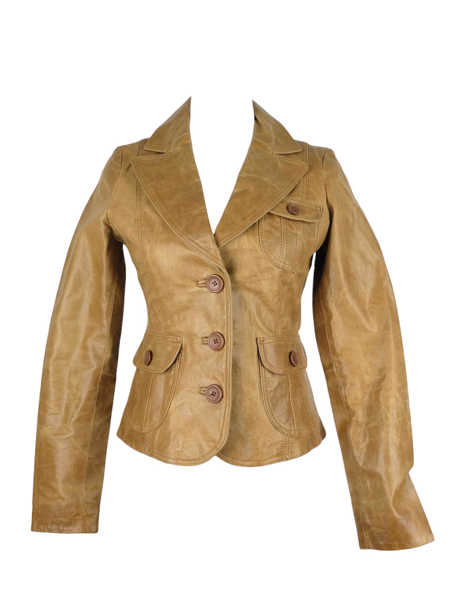 Vintage 2000s Y2K Preppy Boho Chic Tan Brown Collared Button Up Leather Jacket