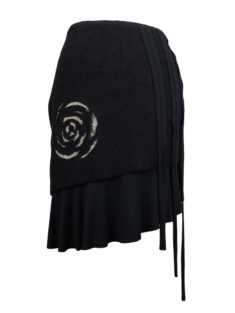 Vintage 2000s Y2K Subversive Gothic Soft Grunge Asymmetrical Black Felt Mini Midi Skirt with Metallic Floral Rose Detail | 28 Inch Waist