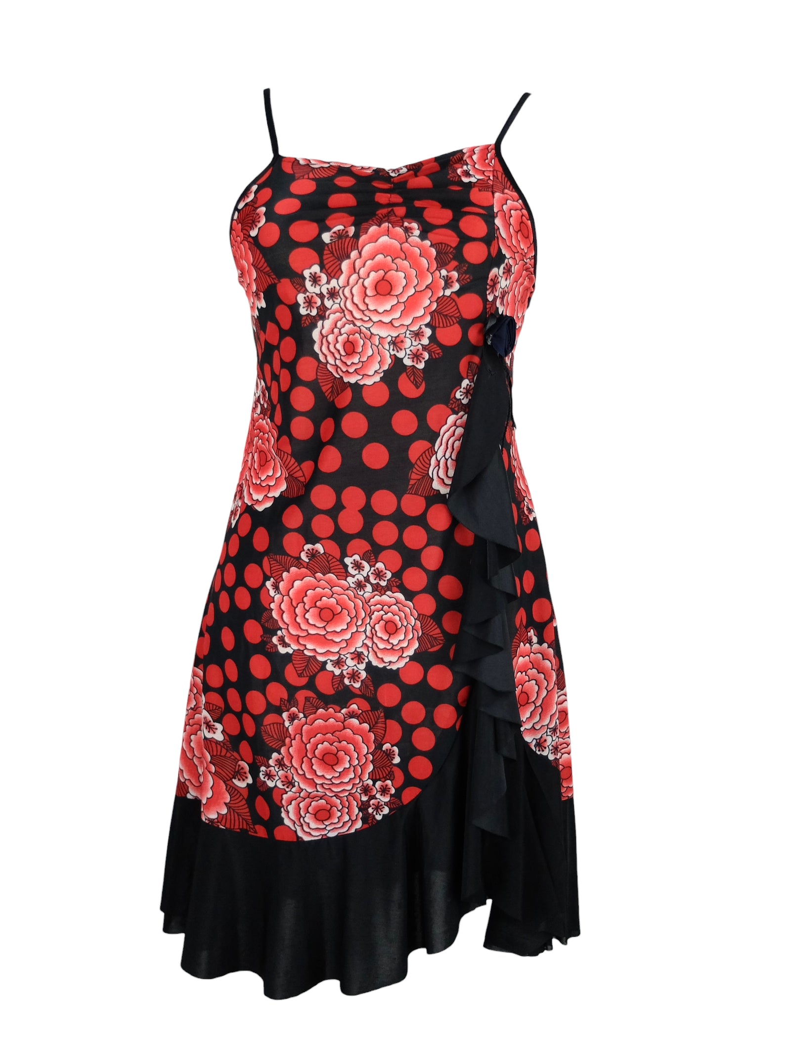 Vintage 2000s Y2K Red & Black Floral Polka Dot Sleeveless Sweetheart Ruffled Tank Mini Dress | Size XXS-XS