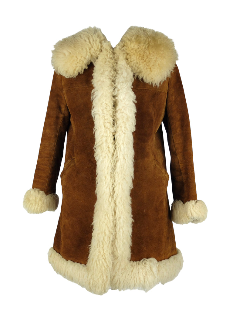 Vintage 70s Hippie Bohemian Penny Lane Brown Rust Orange & Cream Shearling Sheepskin Winter Coat