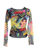 Vintage 2000s Y2K Psychedelic Bright Abstract Polka Dot Patterned Long Sleeve Mesh Top