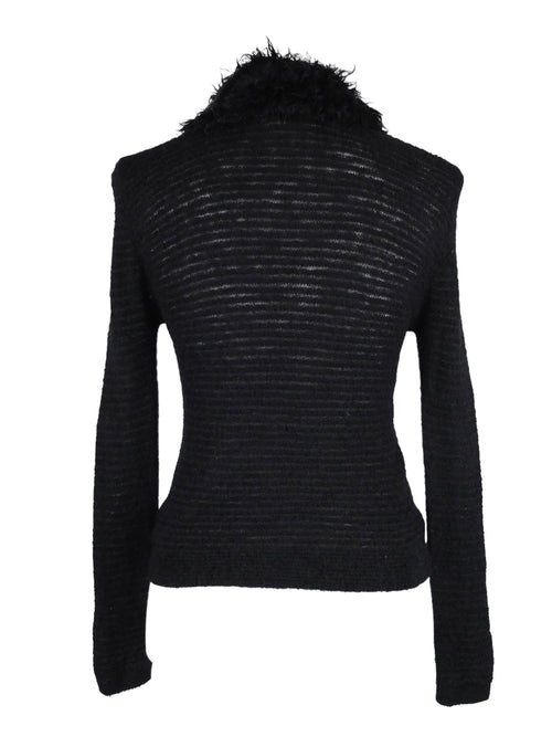 Vintage 2000s Y2K Chic Preppy Black Knit Pullover Long Sleeve Turtleneck Sweater Blouse with Fuzzy Collar