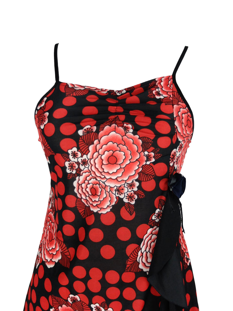 Vintage 2000s Y2K Red & Black Floral Polka Dot Sleeveless Sweetheart Ruffled Tank Mini Dress | Size XXS-XS Vintage 2000s Y2K Red & Black Floral Polka Dot Sleeveless Sweetheart Ruffled Tank Mini Dress | Size XXS-XS
