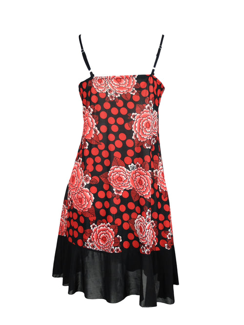 Vintage 2000s Y2K Red & Black Floral Polka Dot Sleeveless Sweetheart Ruffled Tank Mini Dress | Size XXS-XS