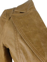 Vintage 2000s Y2K Preppy Boho Chic Tan Brown Collared Button Up Leather Jacket