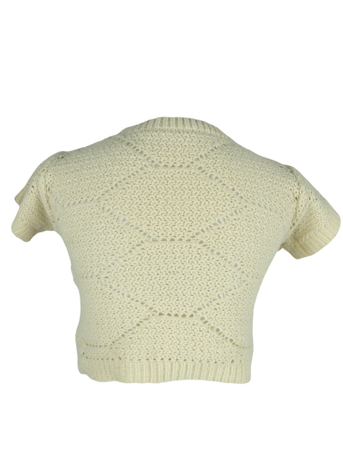 Vintage 2000s Y2K Mod Preppy Cream Crochet Knit Sweater Blouse with Floral Rose Detail