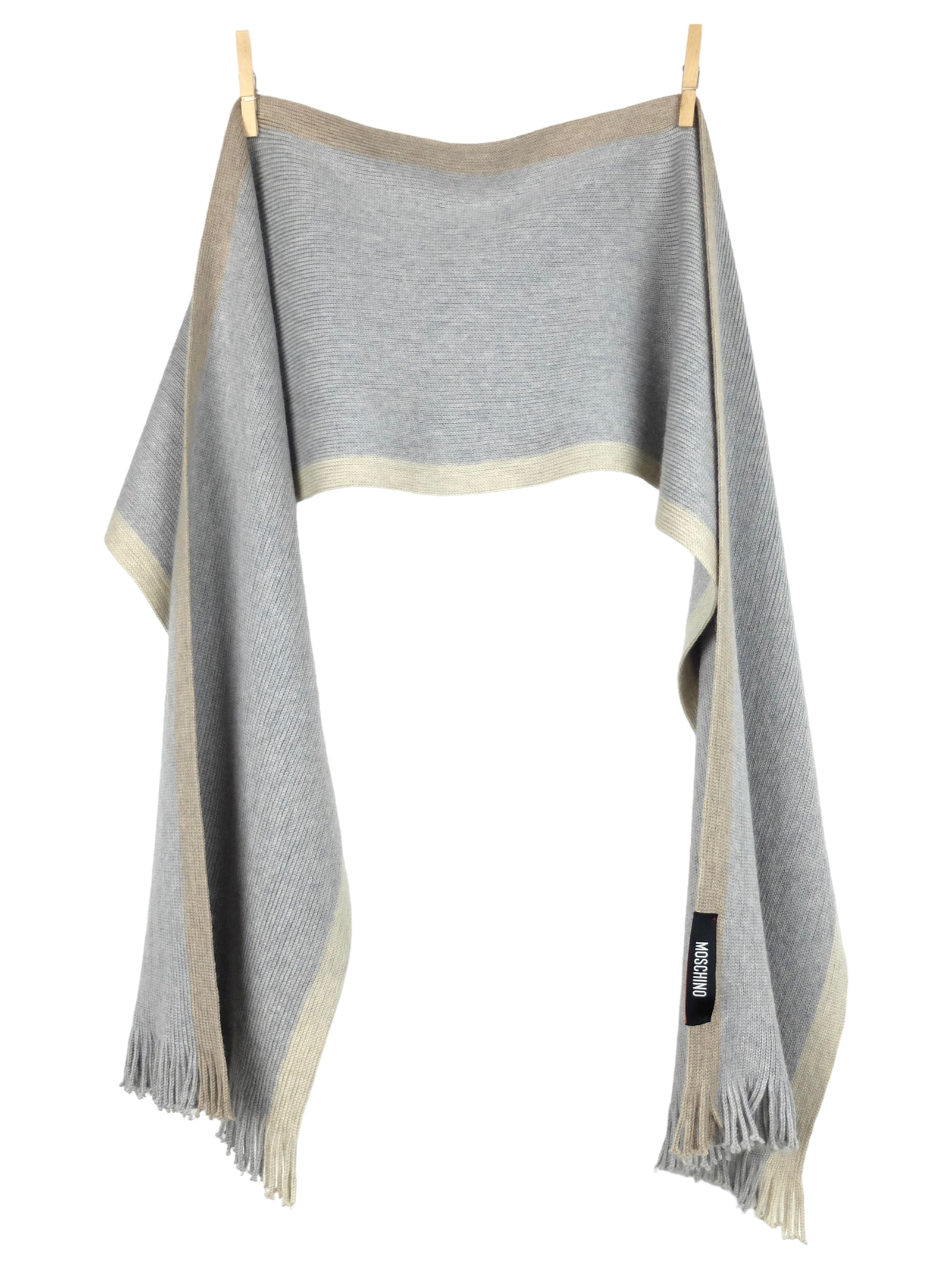 Vintage 2000s Y2K Moschino Designer Grey & Beige Striped Knit Long Wide Neck Tie Scarf with Fringe