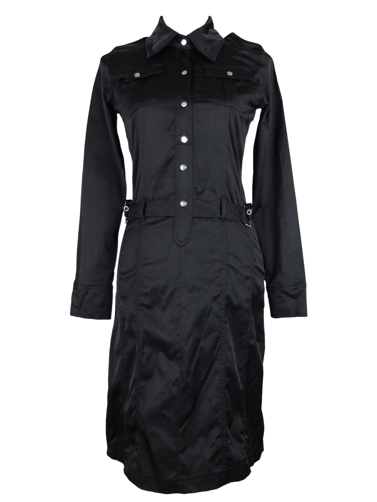 Vintage 90s Y2K Black Collared Long Sleeve Snap Button Up Silky Straight Silhouette Midi Dress | Size S