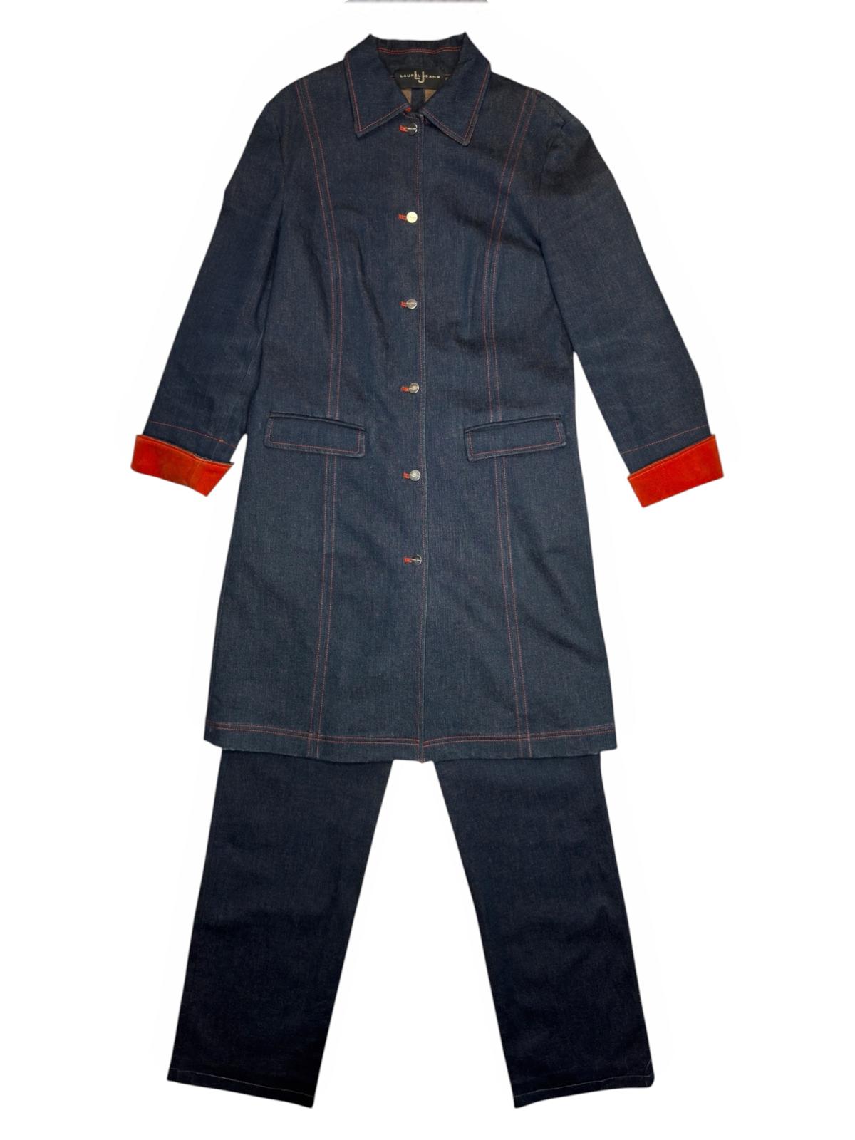 Vintage 2000s Dark Blue Denim Trench Coat & Mid-Rise Jeans Two Piece Set with Orange Velvet Trim | Size M