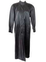 Vintage 80s Chic Gothic Grunge Black Leather Maxi Floor Length High Mockneck Button Down Trench Coat Jacket with Padded Shoulders